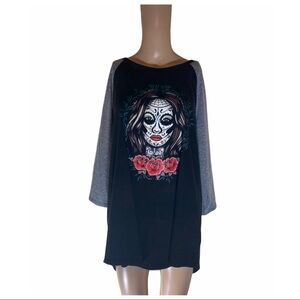 Torrid Black and Gray Long Sleeve Tee with Sugar Skull Design